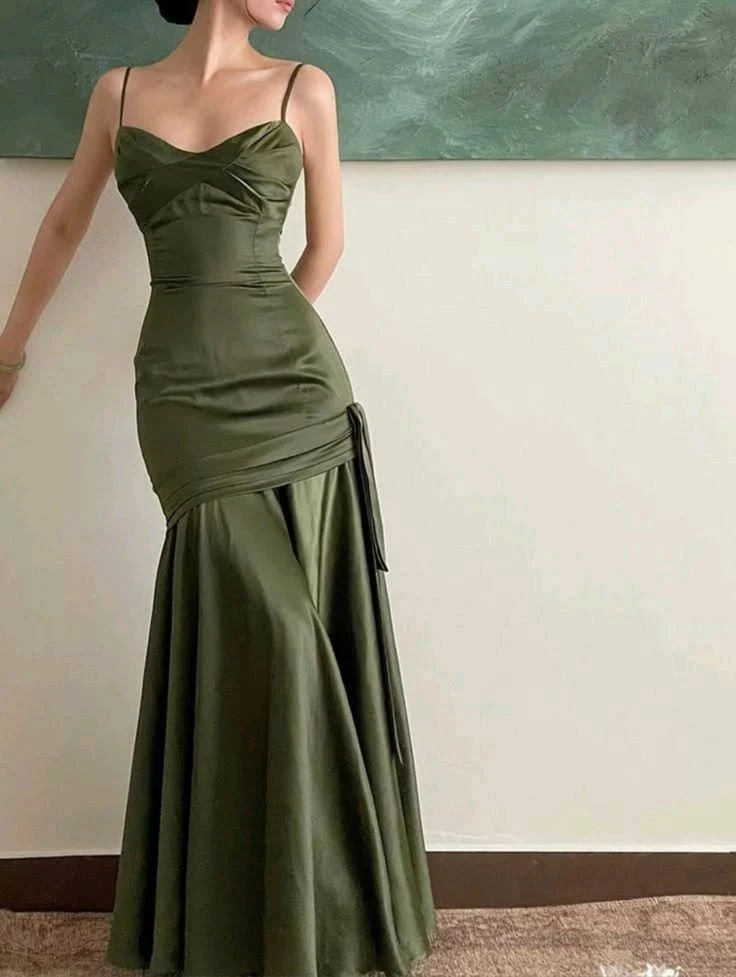 Sexy Mermaid Straps Green Party Dresses Satin Long Prom Dresses P708 - Image 2