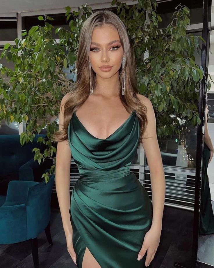 Sexy Mermaid Straps Long Dark Green Slit Prom Dress Evening Dress P1334 - Image 3