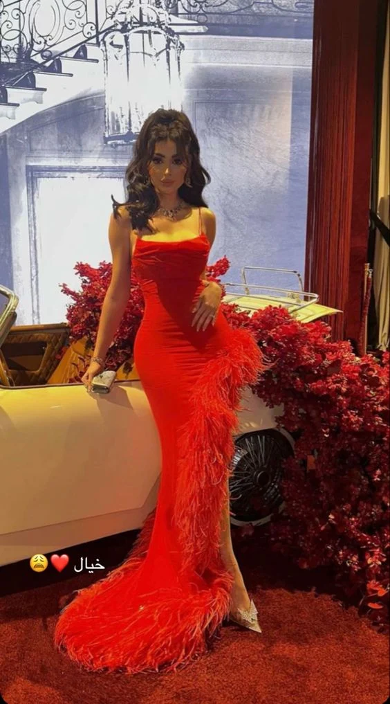 Sexy Mermaid Straps Sleeveless Long Red Prom Dress With Feather P1204 - Image 3
