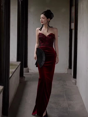 Sexy Mermaid Sweetheart Velvet Burgundy Long Prom Dress P568 - Image 2
