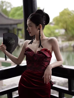 Sexy Mermaid Sweetheart Velvet Burgundy Long Prom Dress P568 - Image 3