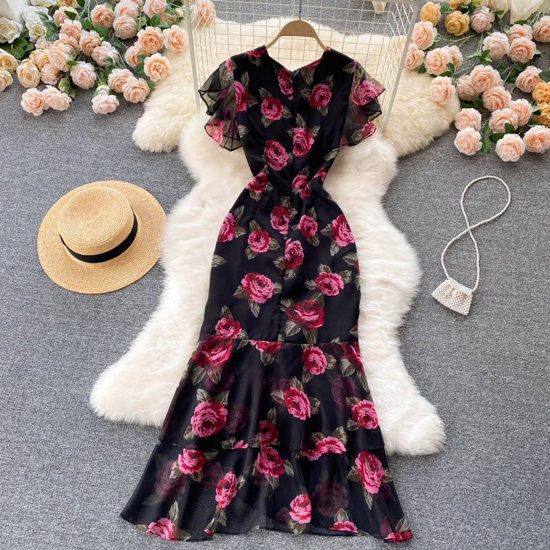 sexy mermaid v neckline floral dress women's dress P098 - Image 3