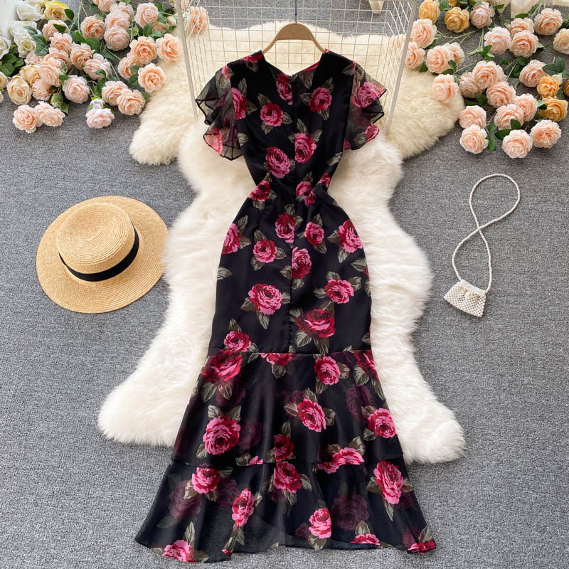 sexy mermaid v neckline floral dress women's dress P098 - Image 5