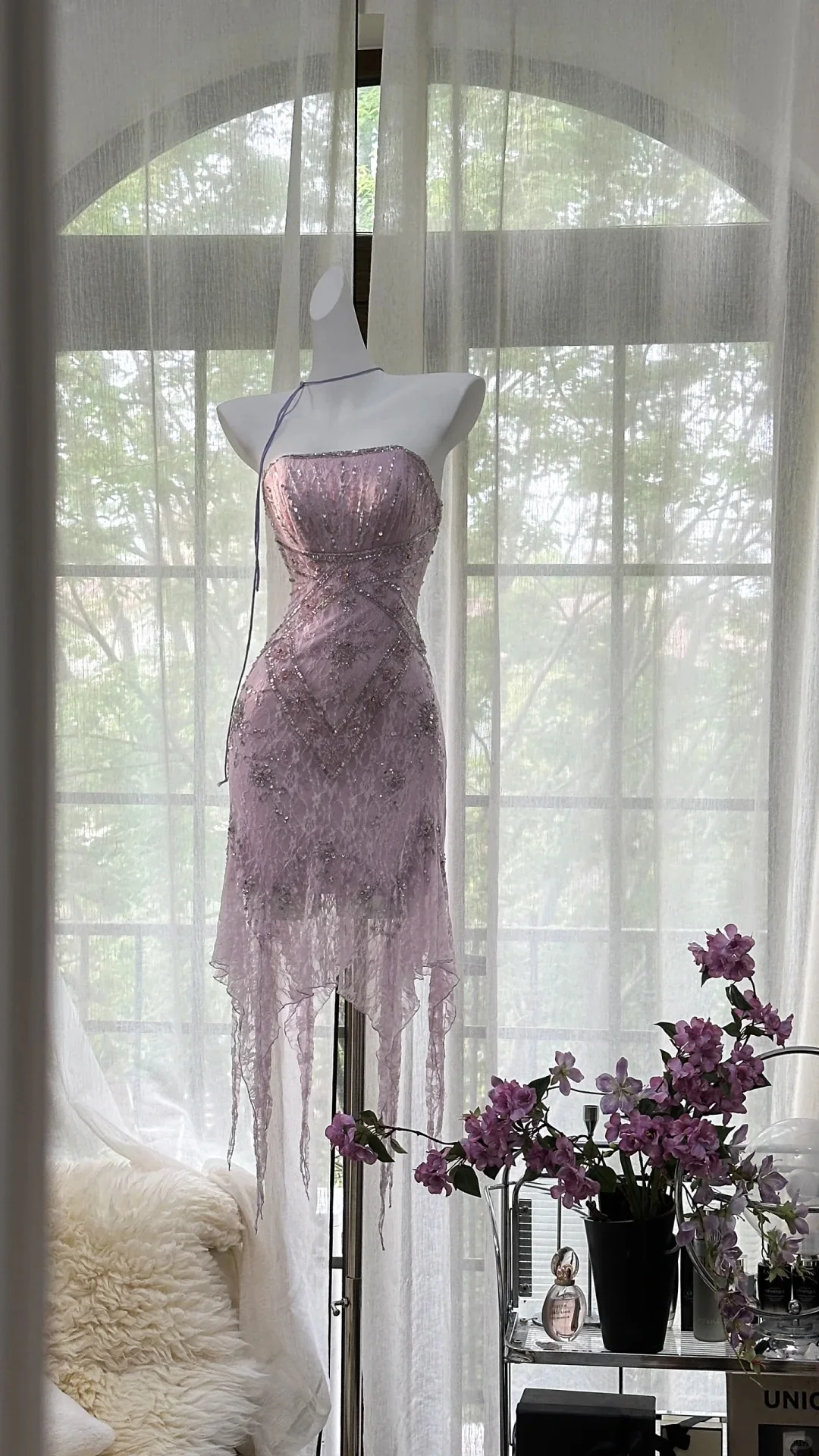 Sexy Purple Lace Tube Top Beaded Earrings Curled Skirt Prom Dress P3274