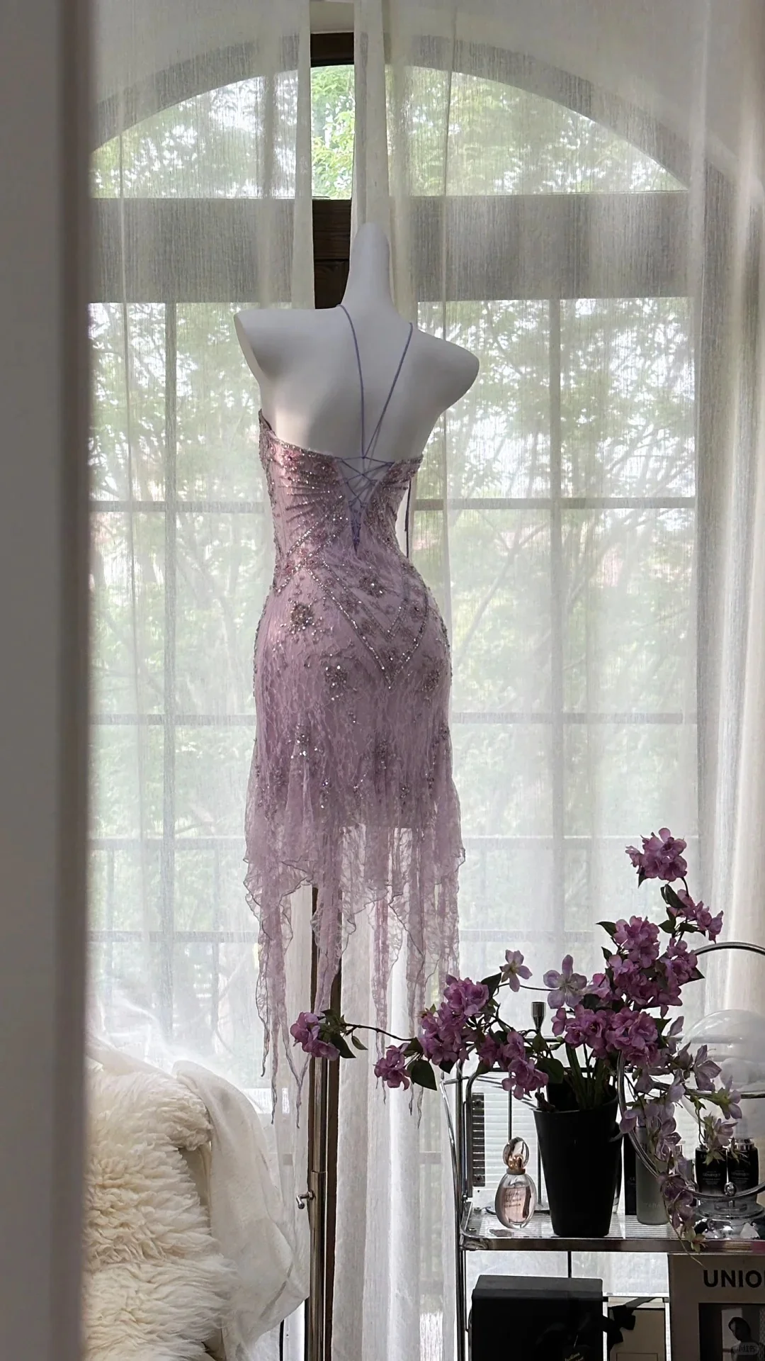 Sexy Purple Lace Tube Top Beaded Earrings Curled Skirt Prom Dress P3274 - Image 3