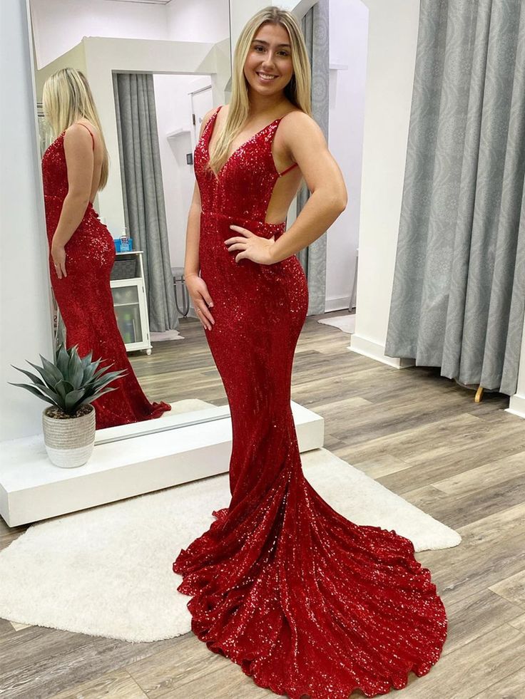 Sexy Red Mermaid Sequin Backless Long Party Prom Dresses P989 - Image 2