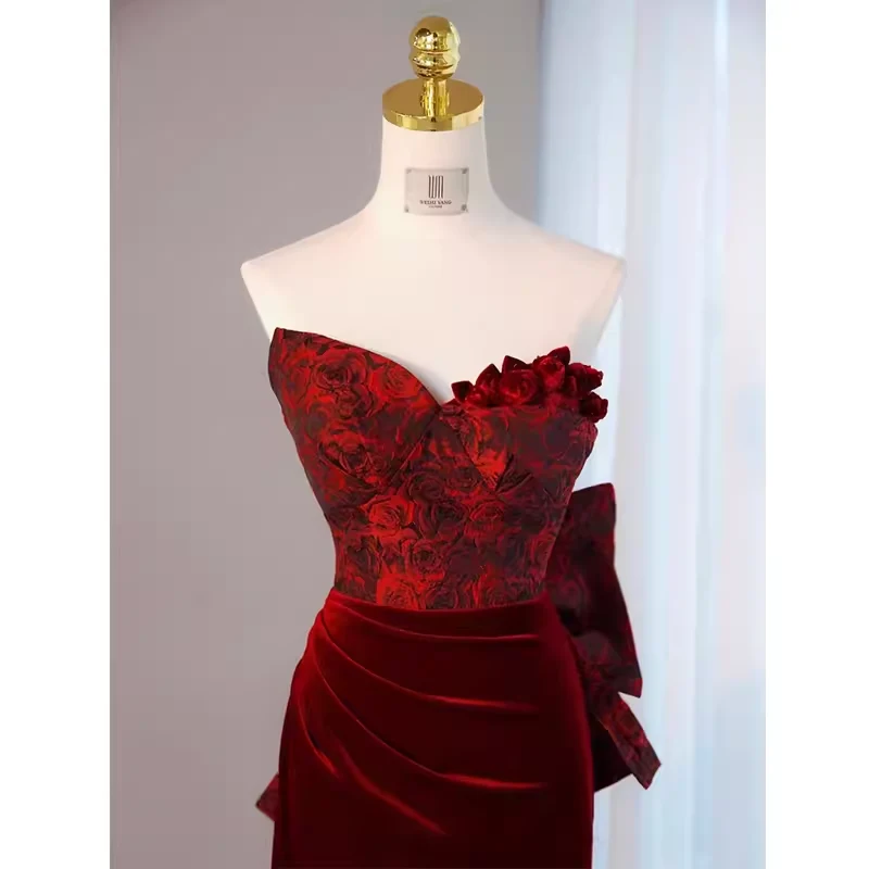 Sexy Sheath Long Senior Burgundy Velvet Prom Dress Formal Dress P1319 - Image 3