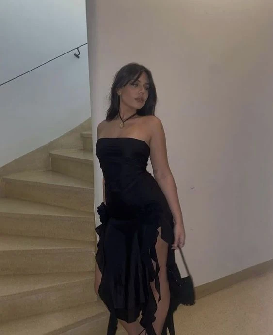 Sexy Sheath Strapless Long Black Slit Floral Prom Dresses P1503 - Image 4