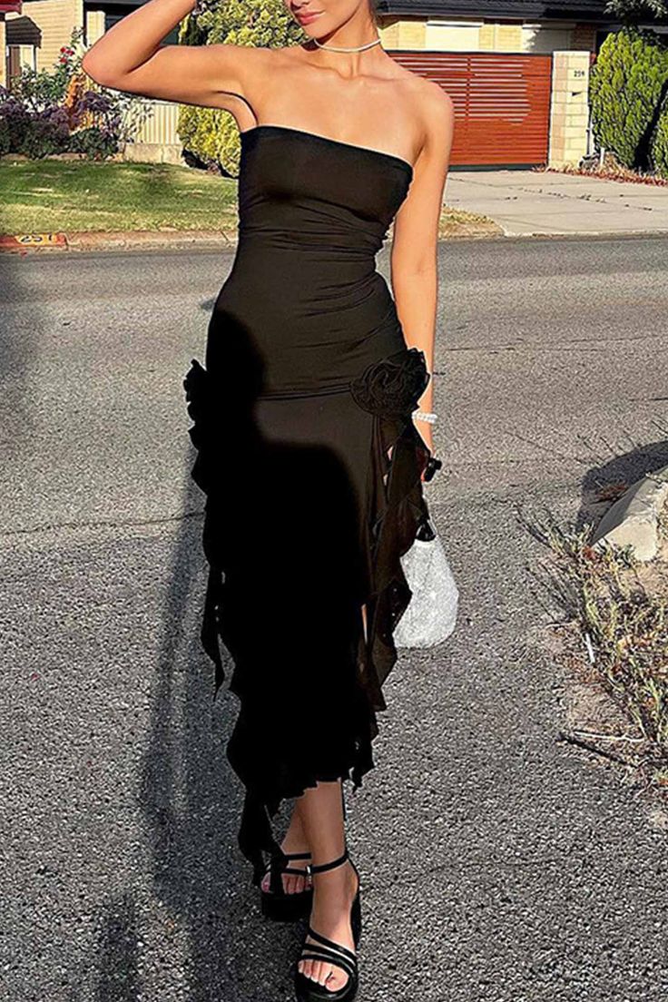 Sexy Sheath Strapless Long Black Slit Floral Prom Dresses P1503 - Image 5