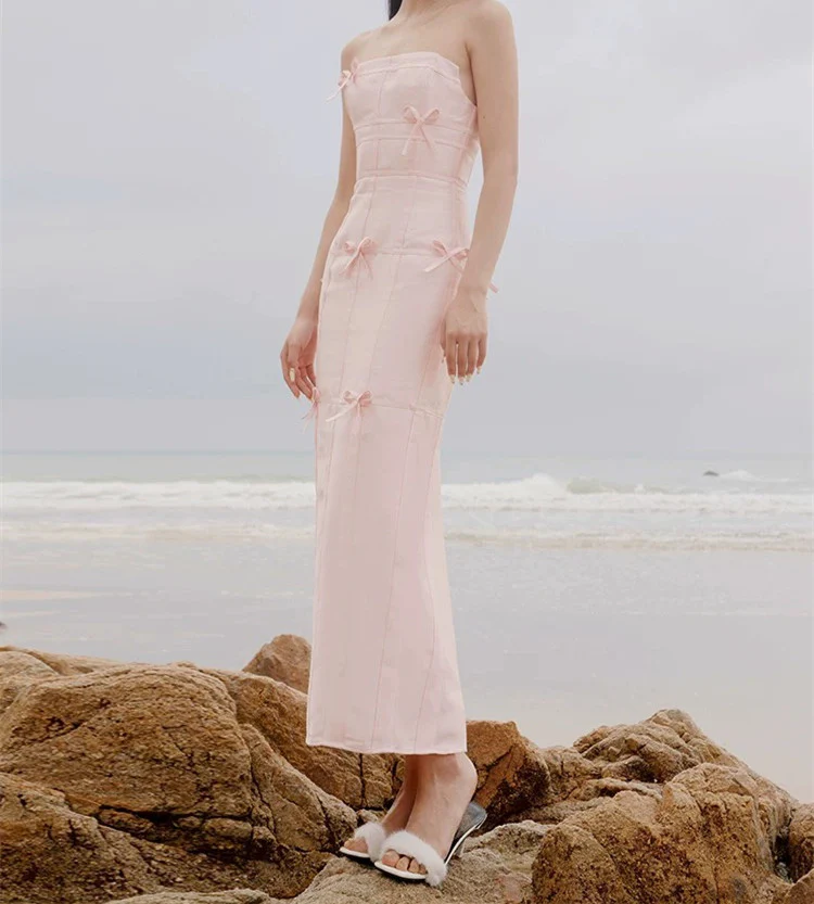 Sexy Sheath Strapless Pink Satin Long Prom Dress Birthday Outfits With Bowknot P2430 - Image 4