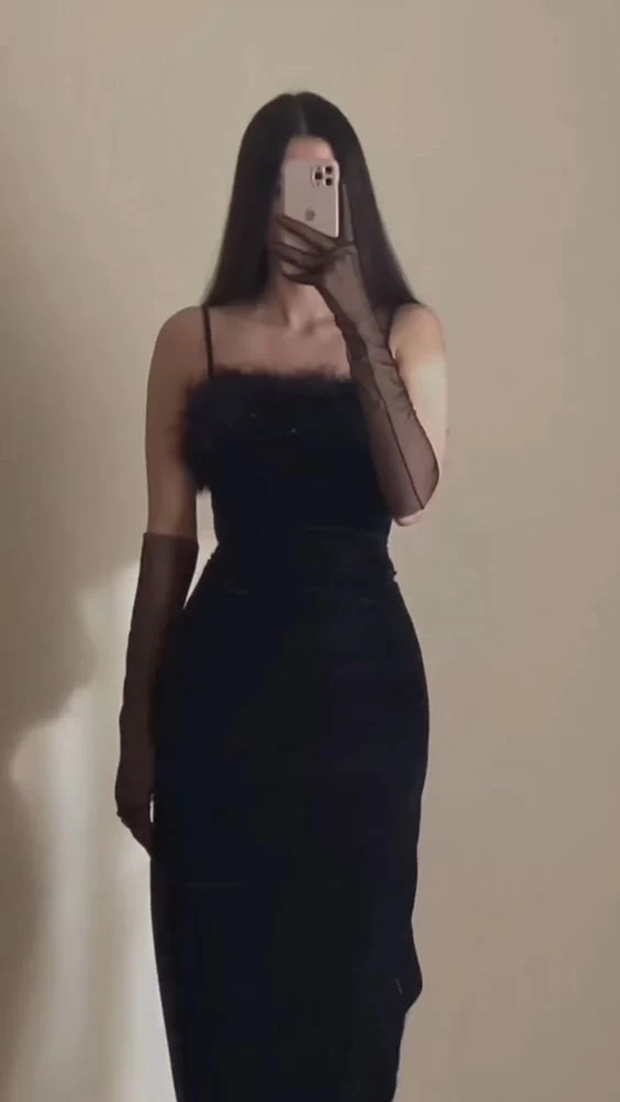 Sexy Sheath Straps Long Black Velvet Slit Feathers Prom Dress P1538 - Image 2