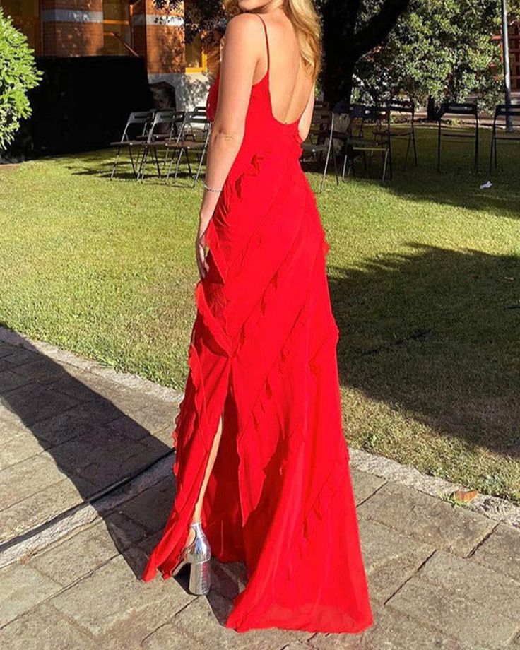 Sexy Sheath Straps Red Long Chiffon Prom Dress P1746 - Image 4