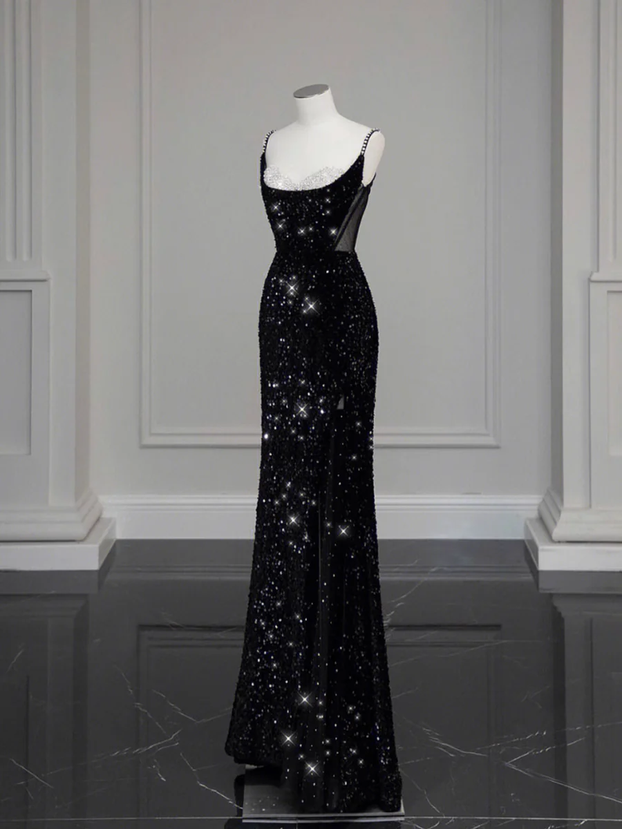 Sexy Spaghetti Straps Bling Sequin Mermaid Long Black Prom Dresses P511