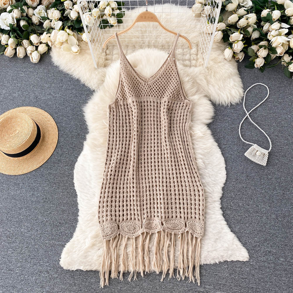 Sexy Spaghetti Straps Boho Resort Fringe Knit Dress Women Holiday Dress P170 - Image 2