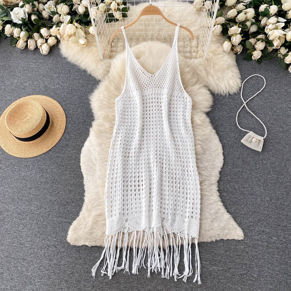 Sexy Spaghetti Straps Boho Resort Fringe Knit Dress Women Holiday Dress P170 - Image 3