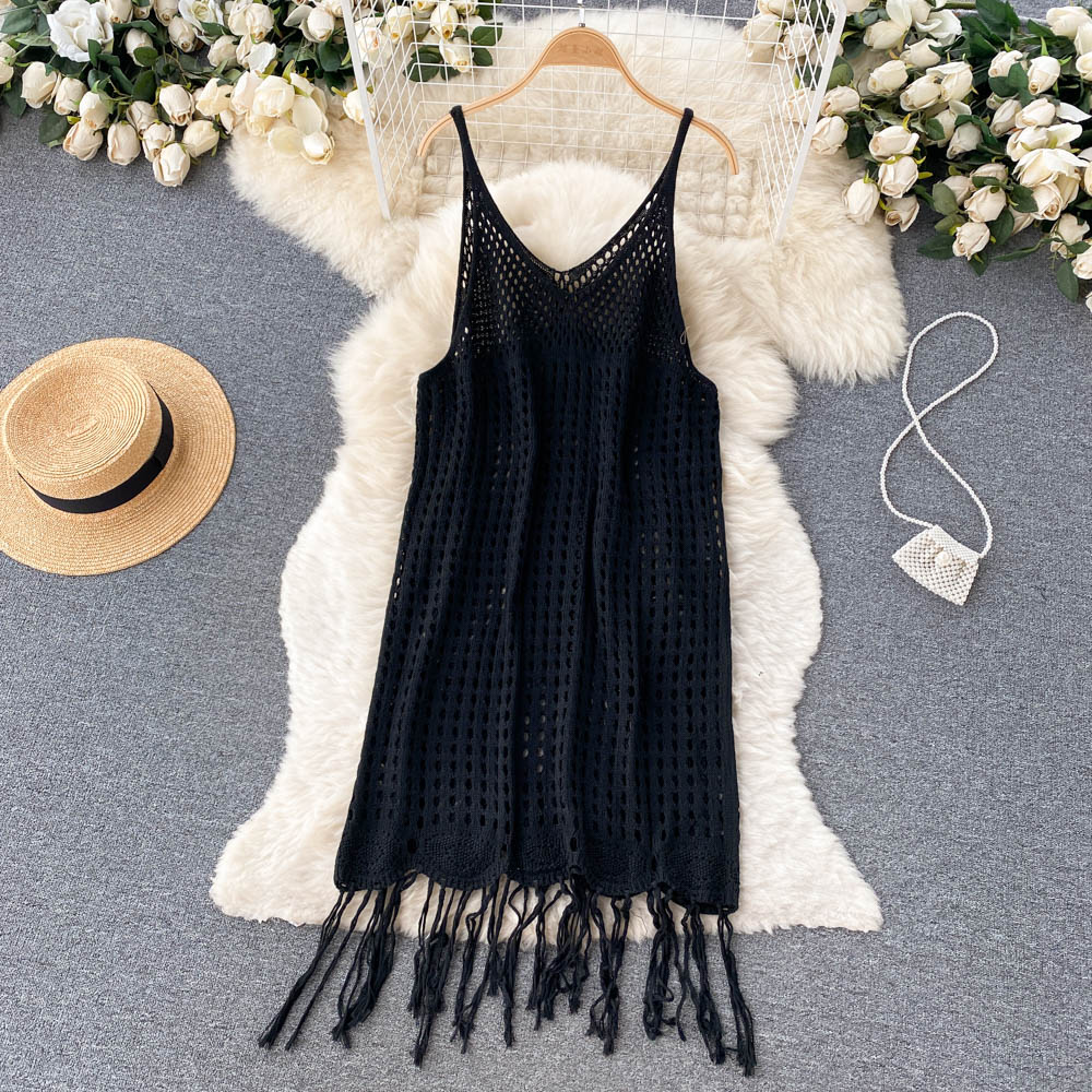 Sexy Spaghetti Straps Boho Resort Fringe Knit Dress Women Holiday Dress P170 - Image 5