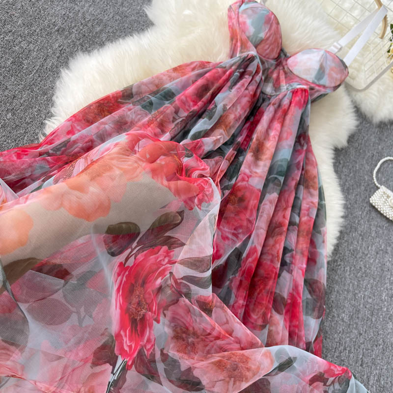 Sexy Spaghetti Straps Pink Floral Dress Summer Women Holiday Dress P217 - Image 5