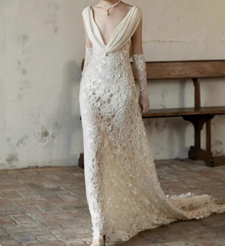 Sexy white deep V-neck lace sash mermaid wedding dress with train P2680