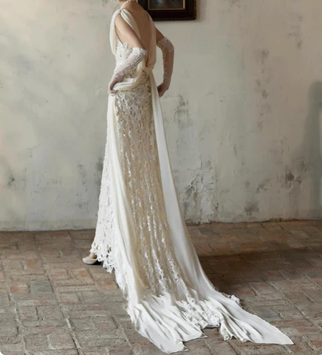 Sexy white deep V-neck lace sash mermaid wedding dress with train P2680 - Image 2