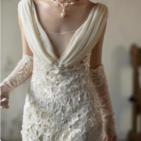 Sexy white deep V-neck lace sash mermaid wedding dress with train P2680 - Image 3
