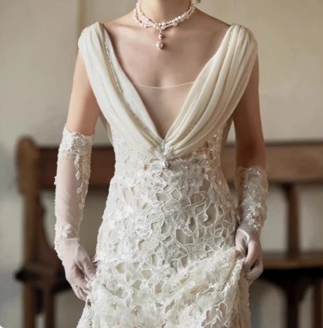 Sexy white deep V-neck lace sash mermaid wedding dress with train P2680 - Image 4