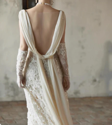 Sexy white deep V-neck lace sash mermaid wedding dress with train P2680 - Image 5