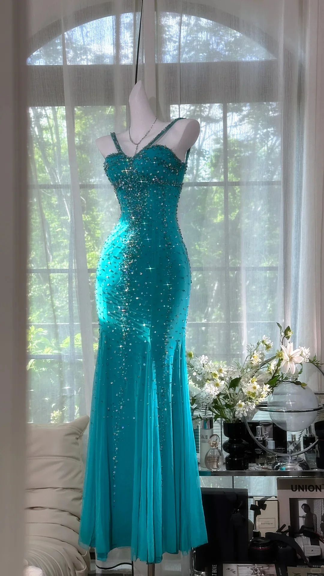 Shimmering Lake Blue Mermaid Beaded Chiffon Long Prom Dress Evening Dress P4037 - Image 2