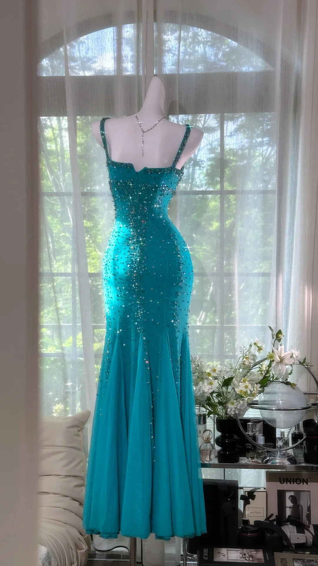 Shimmering Lake Blue Mermaid Beaded Chiffon Long Prom Dress Evening Dress P4037 - Image 3