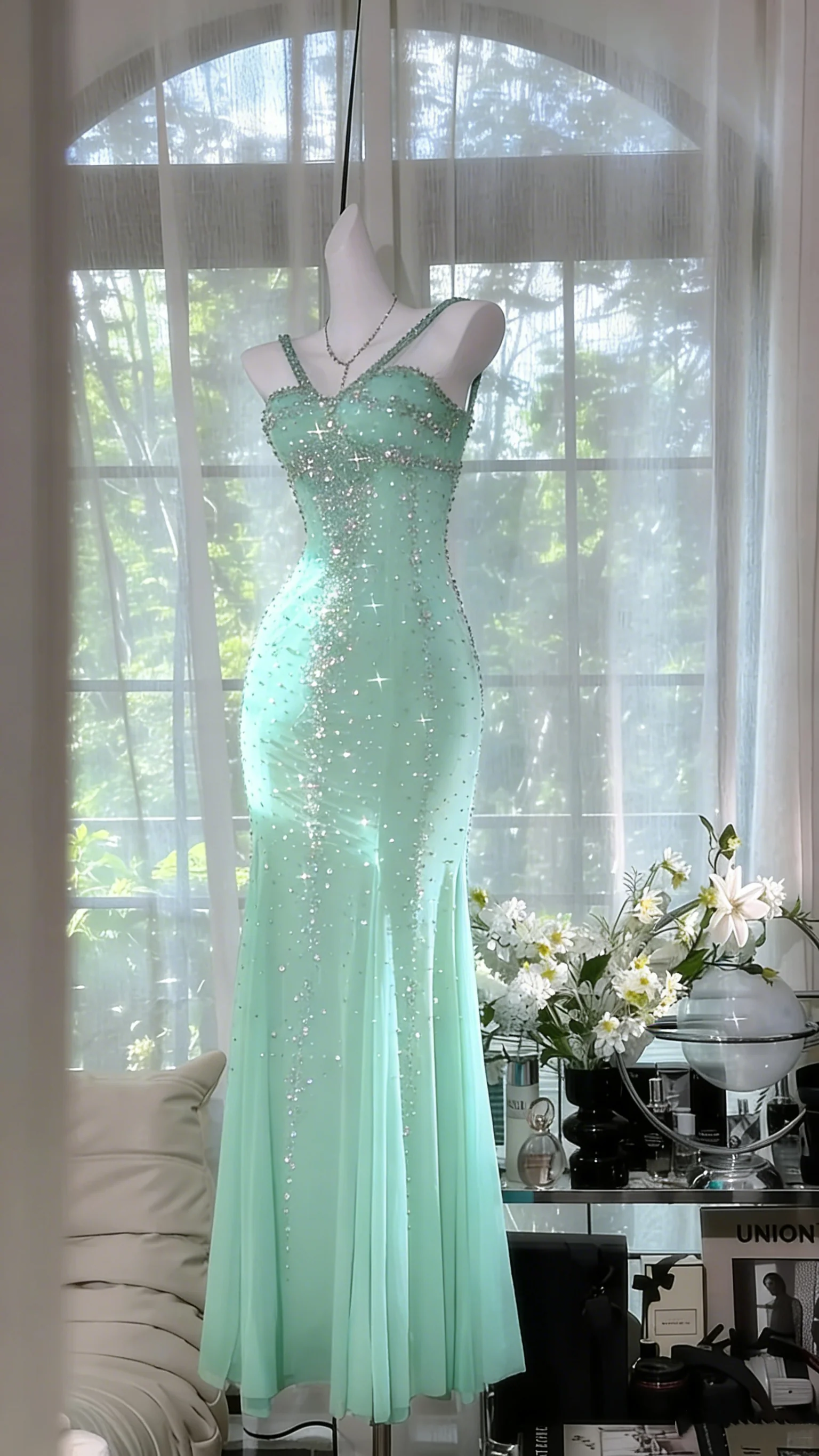 Shimmering Lake Blue Mermaid Beaded Chiffon Long Prom Dress Evening Dress P4037 - Image 6