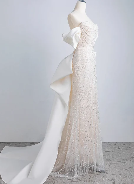 Shimmering Mermaid Beaded Off-the-Shoulder Bow Princess Wedding Gown P2696 - Image 3