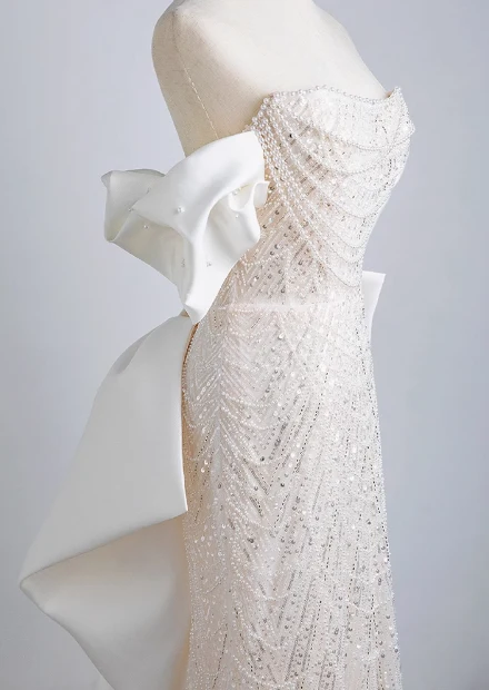 Shimmering Mermaid Beaded Off-the-Shoulder Bow Princess Wedding Gown P2696 - Image 4