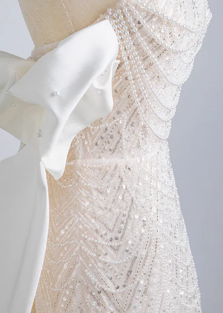 Shimmering Mermaid Beaded Off-the-Shoulder Bow Princess Wedding Gown P2696 - Image 5