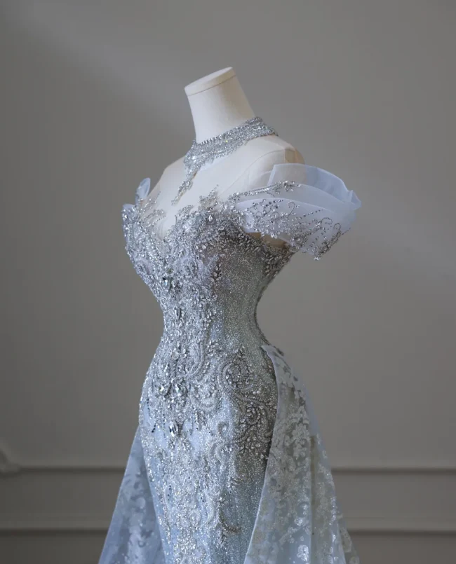 Shiny Blue Mermaid Rhinestone Lace Tulle Wedding Dress with Train P2589 - Image 4