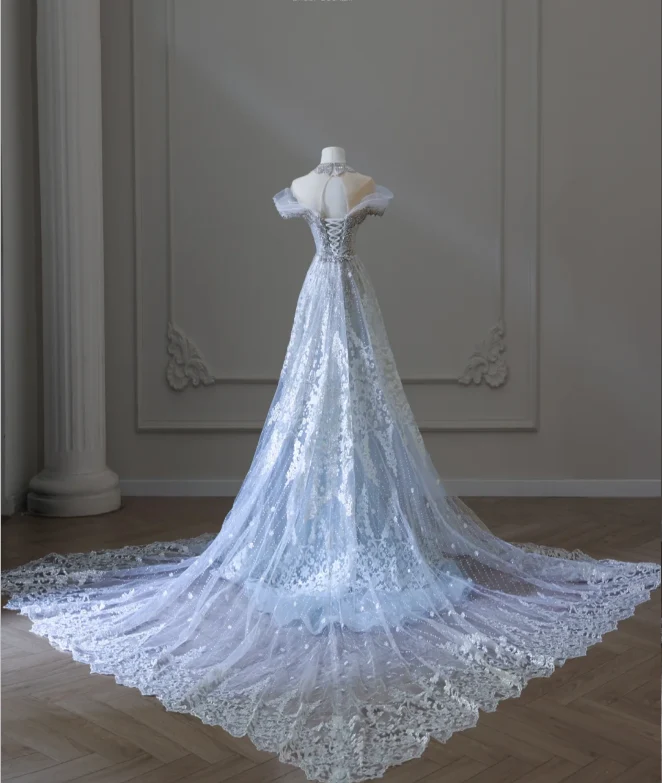 Shiny Blue Mermaid Rhinestone Lace Tulle Wedding Dress with Train P2589 - Image 6