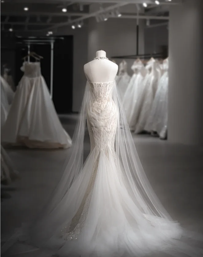 Shiny Mermaid Slim Tulle Sleeve Lace Wedding Dress P2889 - Image 2
