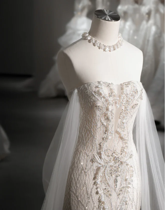 Shiny Mermaid Slim Tulle Sleeve Lace Wedding Dress P2889 - Image 3