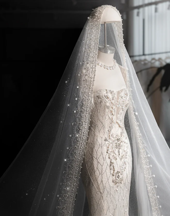 Shiny Mermaid Slim Tulle Sleeve Lace Wedding Dress P2889 - Image 4