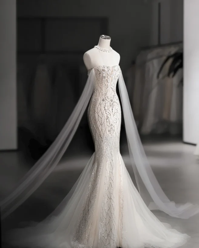 Shiny Mermaid Slim Tulle Sleeve Lace Wedding Dress P2889 - Image 6