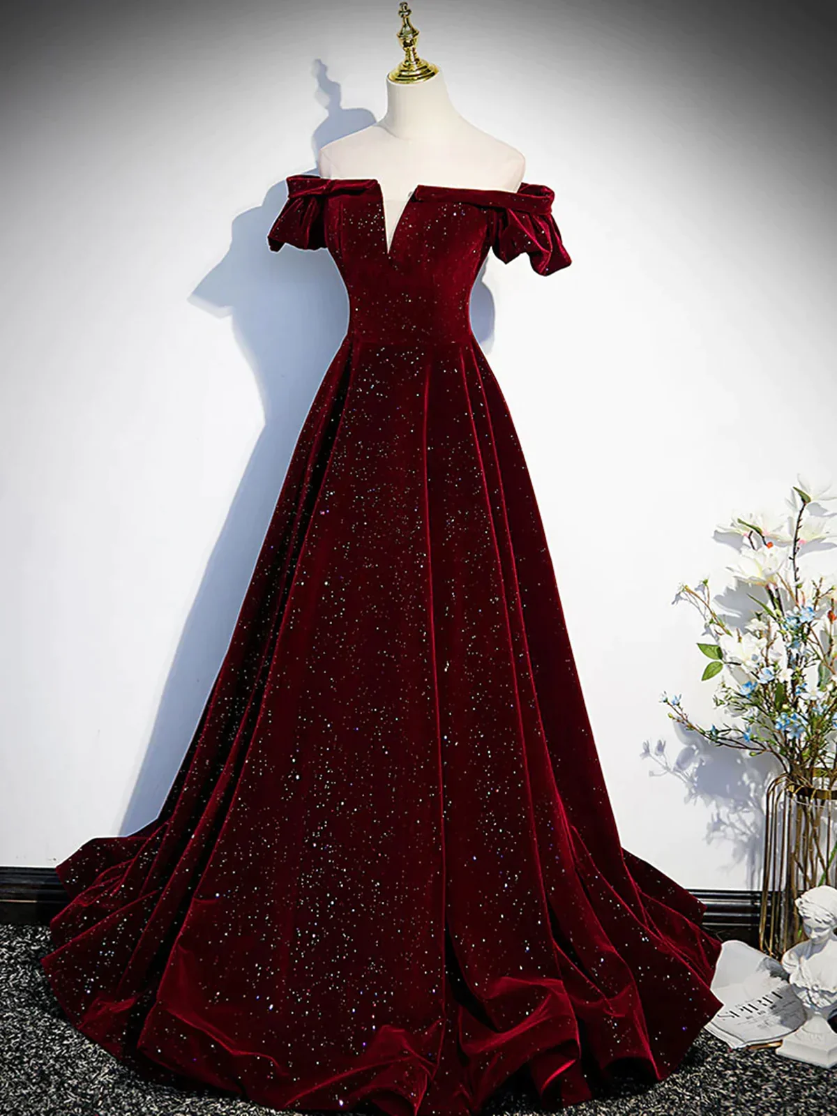 Shiny Off the Shoulder Burgundy Long Prom Dresses P2239 - Image 2