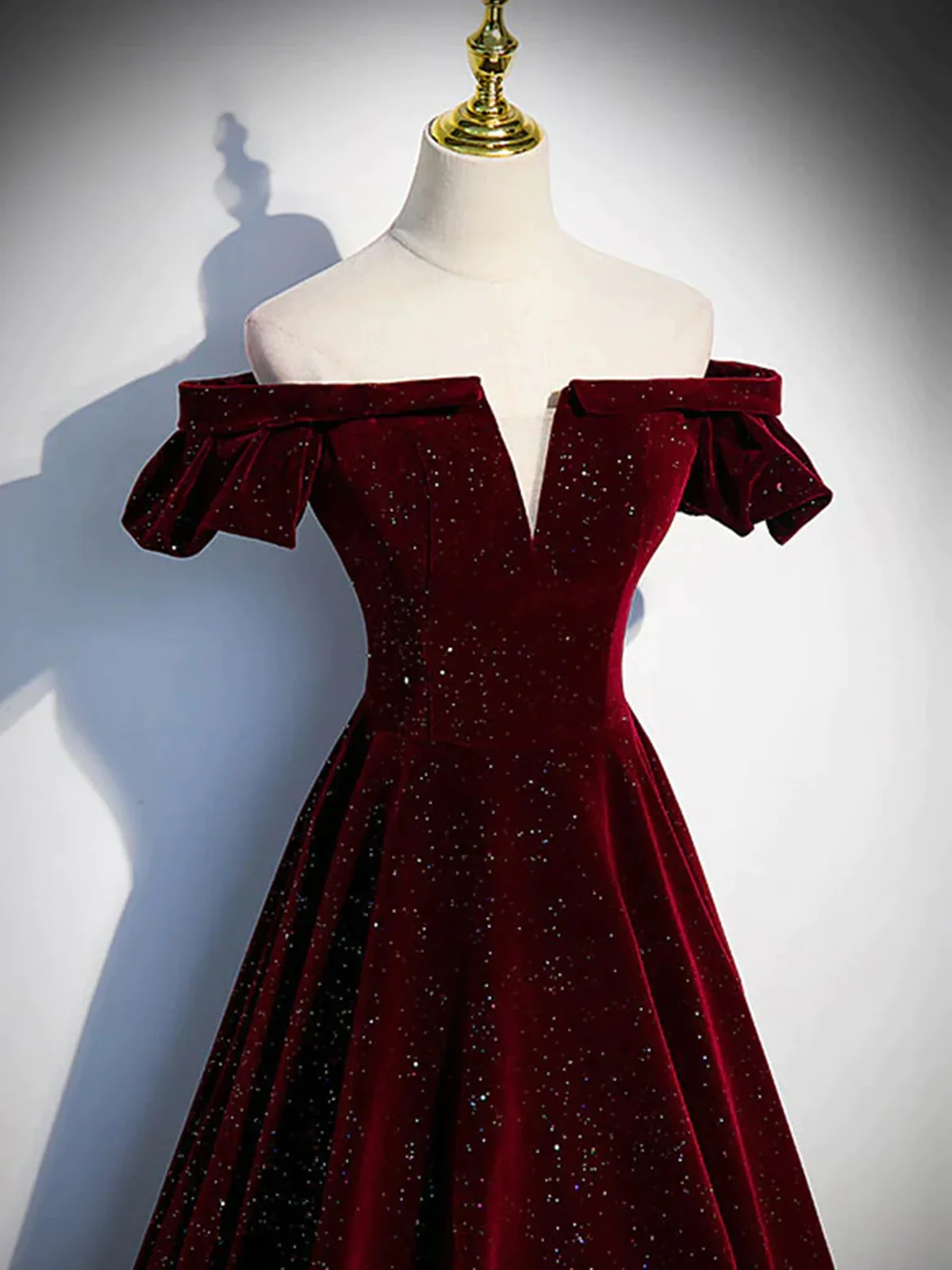 Shiny Off the Shoulder Burgundy Long Prom Dresses P2239 - Image 3