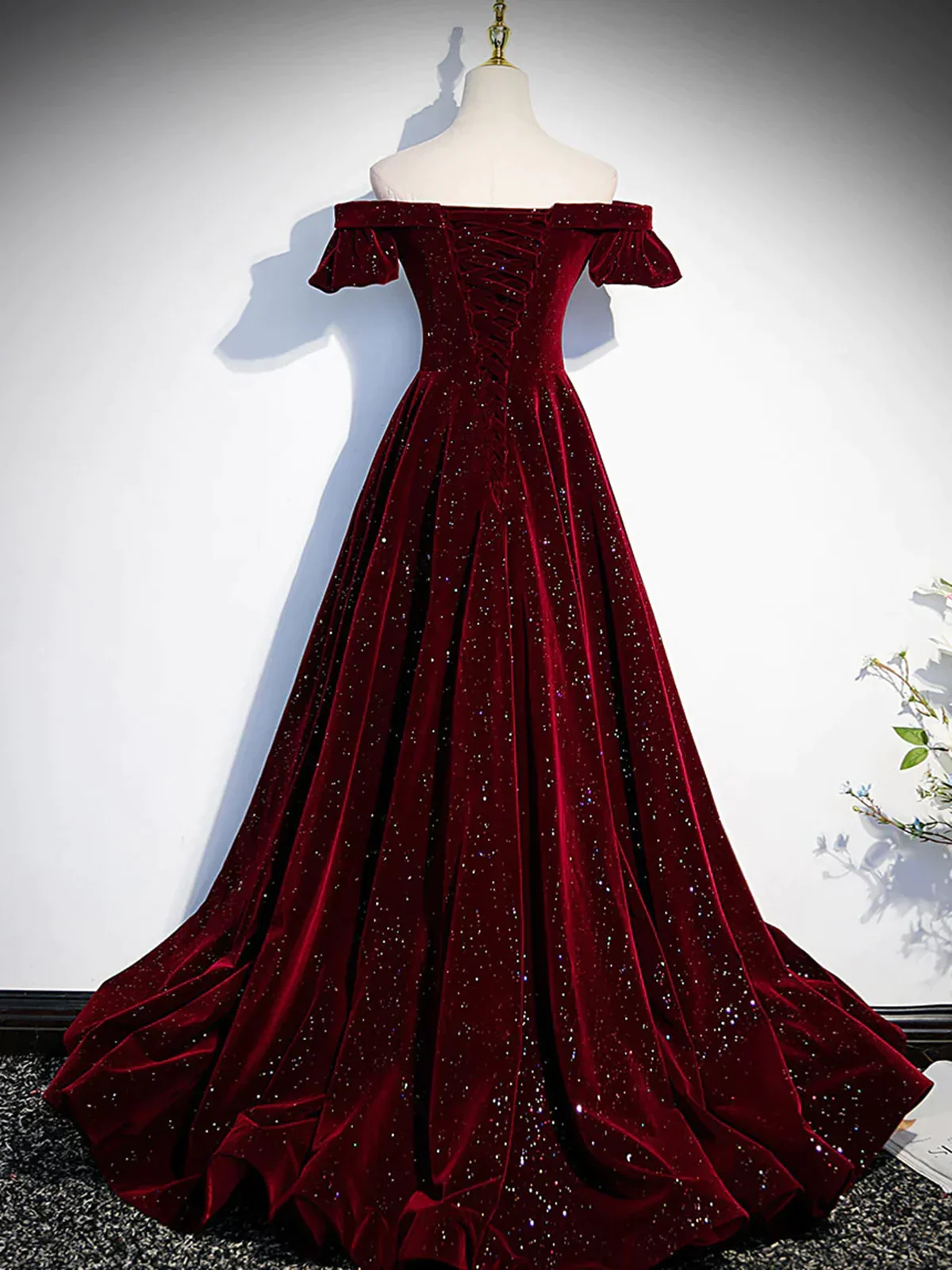 Shiny Off the Shoulder Burgundy Long Prom Dresses P2239 - Image 4