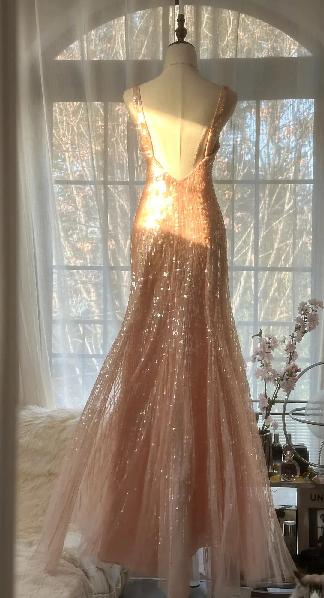 Shiny Princess Pink V-neck Sequined Backless Mermaid Long Prom Dress P3330 - Image 2