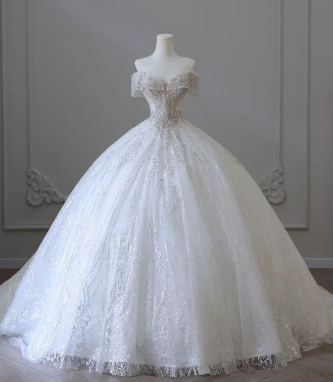 Shiny Rhinestone One-Shoulder A-Line Floor-Length Tulle Wedding Dress P2583 - Image 2