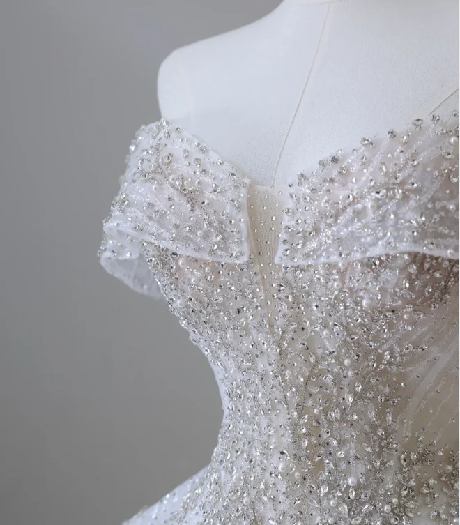 Shiny Rhinestone One-Shoulder A-Line Floor-Length Tulle Wedding Dress P2583 - Image 3