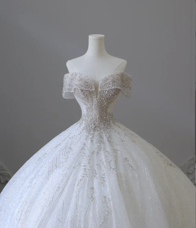 Shiny Rhinestone One-Shoulder A-Line Floor-Length Tulle Wedding Dress P2583 - Image 5
