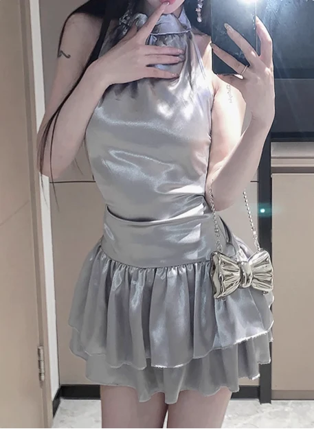 Shiny Silver Halter Neck Sexy Backless Waist Satin Birthday Dress Homecoming Dress P3644 - Image 2