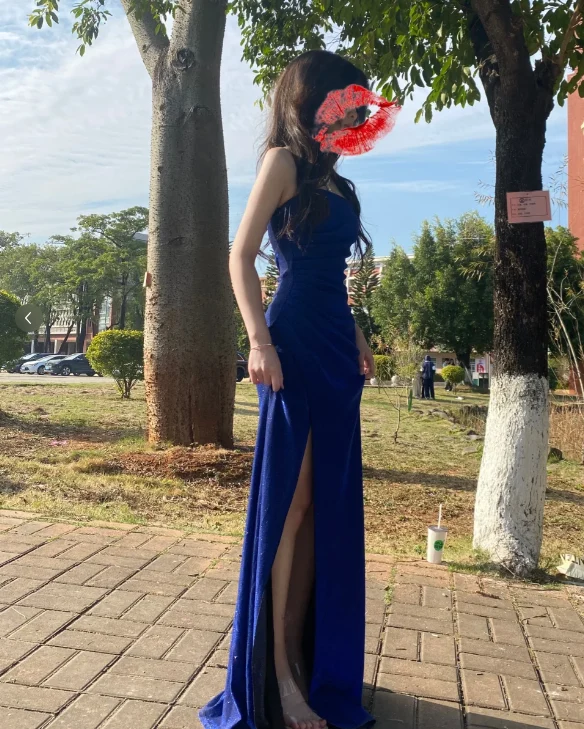 Shiny Strapless Sapphire Blue High Slit Mermaid Evening Dress Prom Dress P3402 - Image 3