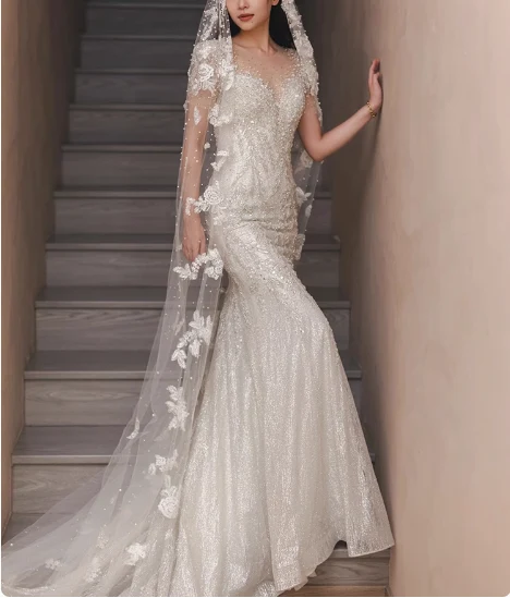 Shiny white mermaid wedding dress with short train P2757 - Image 2