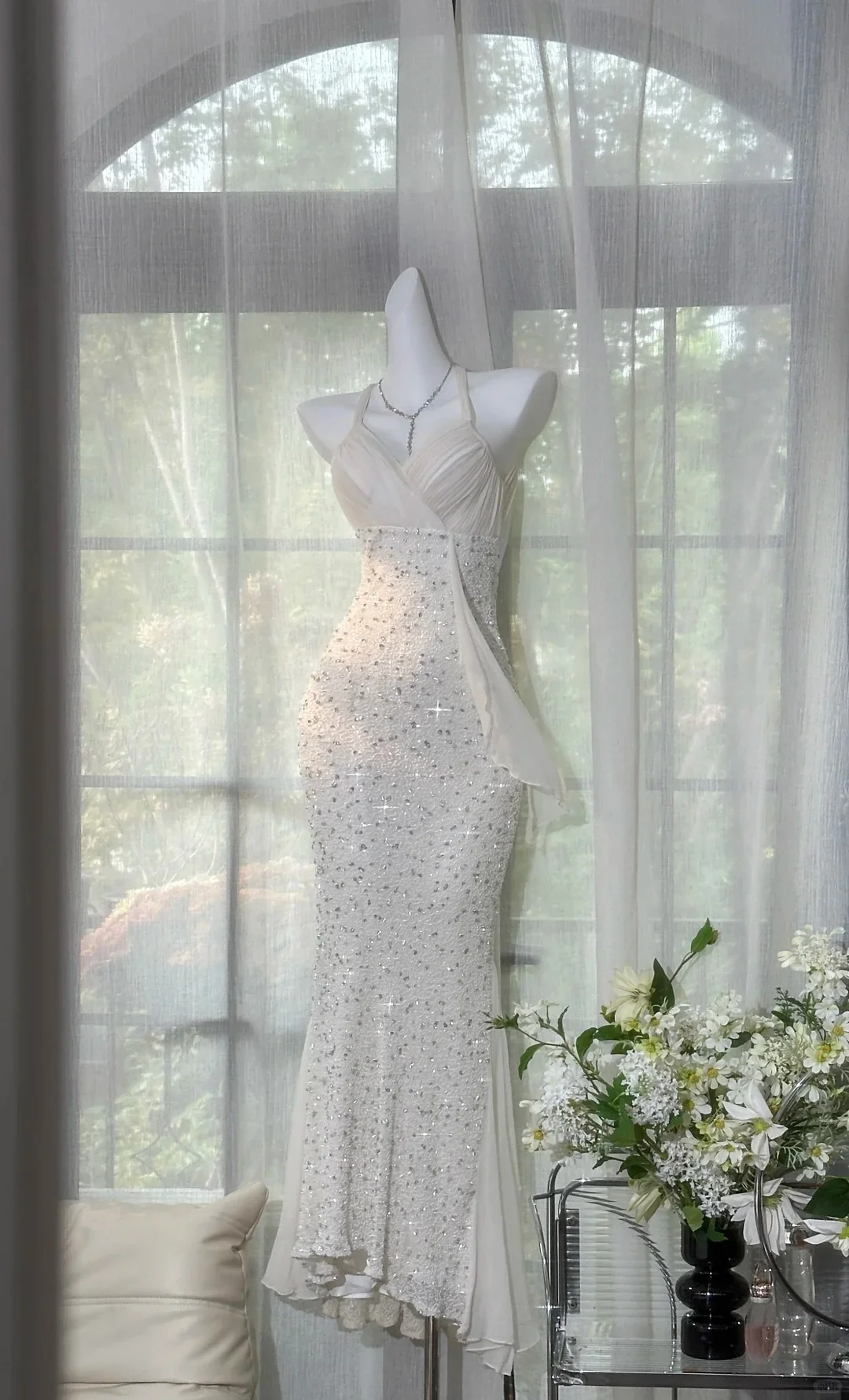 Shinying White Mermaid Strapless Lace-up Back Sequin Chiffon Long Prom Dress Evening Dress P4031 - Image 2