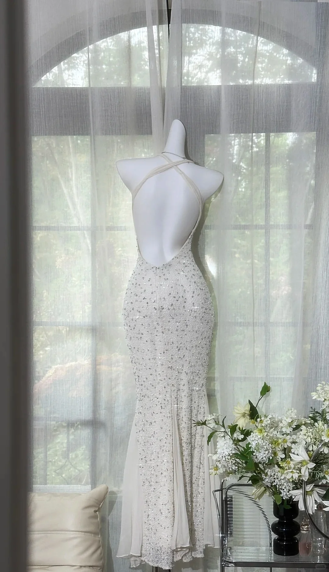Shinying White Mermaid Strapless Lace-up Back Sequin Chiffon Long Prom Dress Evening Dress P4031 - Image 3
